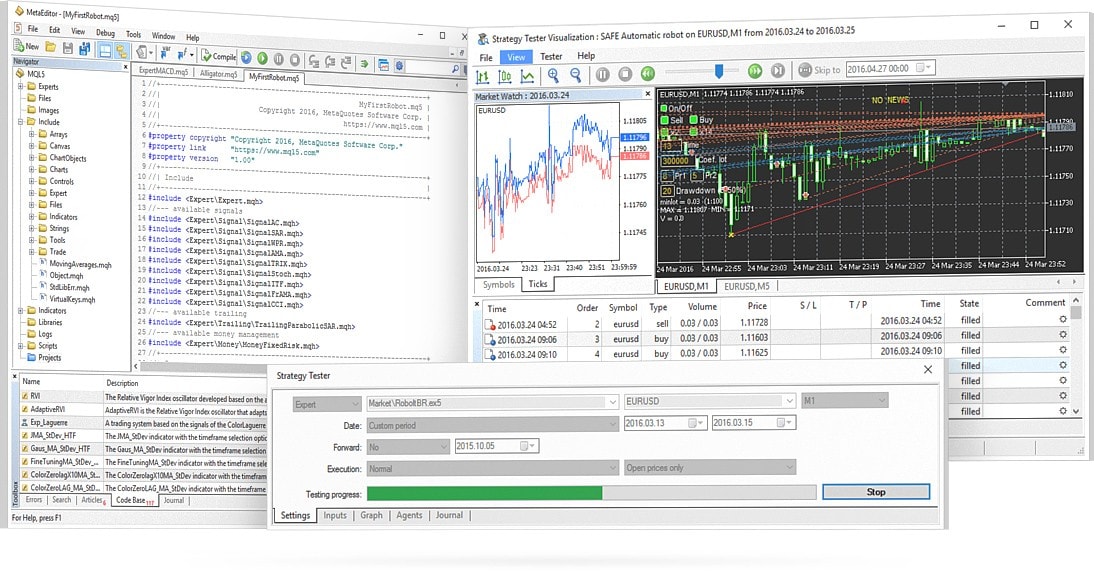 MQL5 IDE in MetaTrader 5 allows you to create, debug, test, optimize, and execute trading robots
