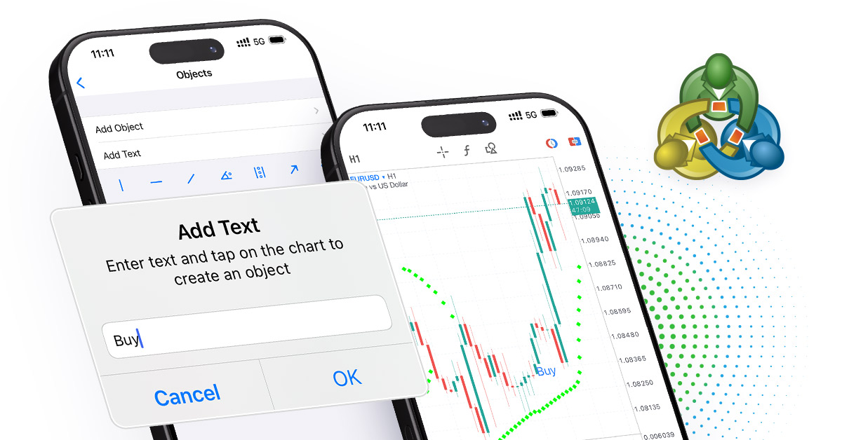 MetaTrader 5 pour iPhone et iPad : Règle, objets texte pour les graphiques, et minuterie des barres