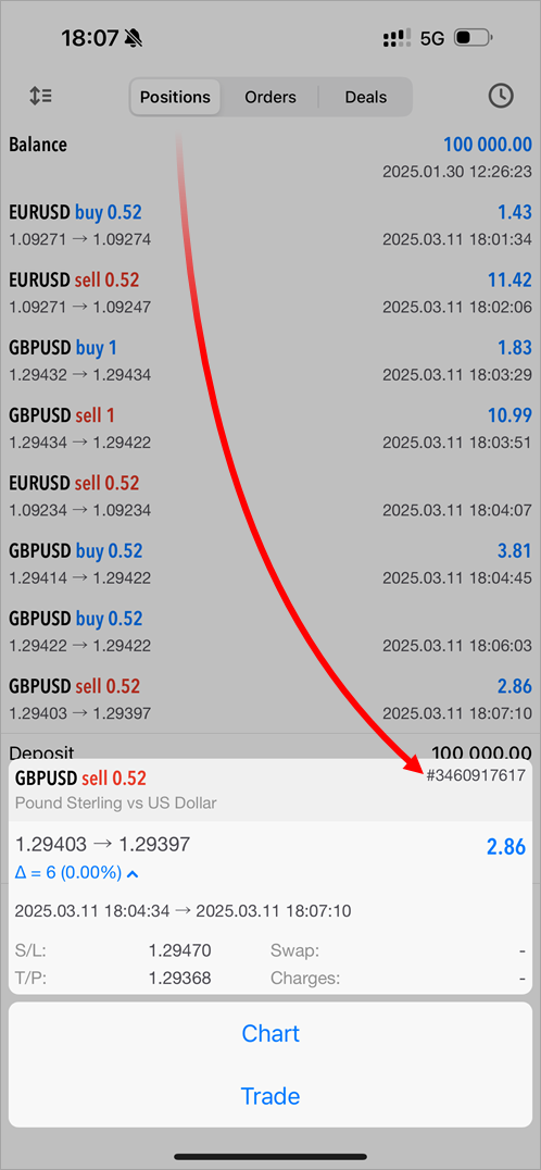 Added display of position tickets in trading history