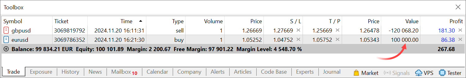 The value of positions, orders and trades is now displayed in the account deposit currency