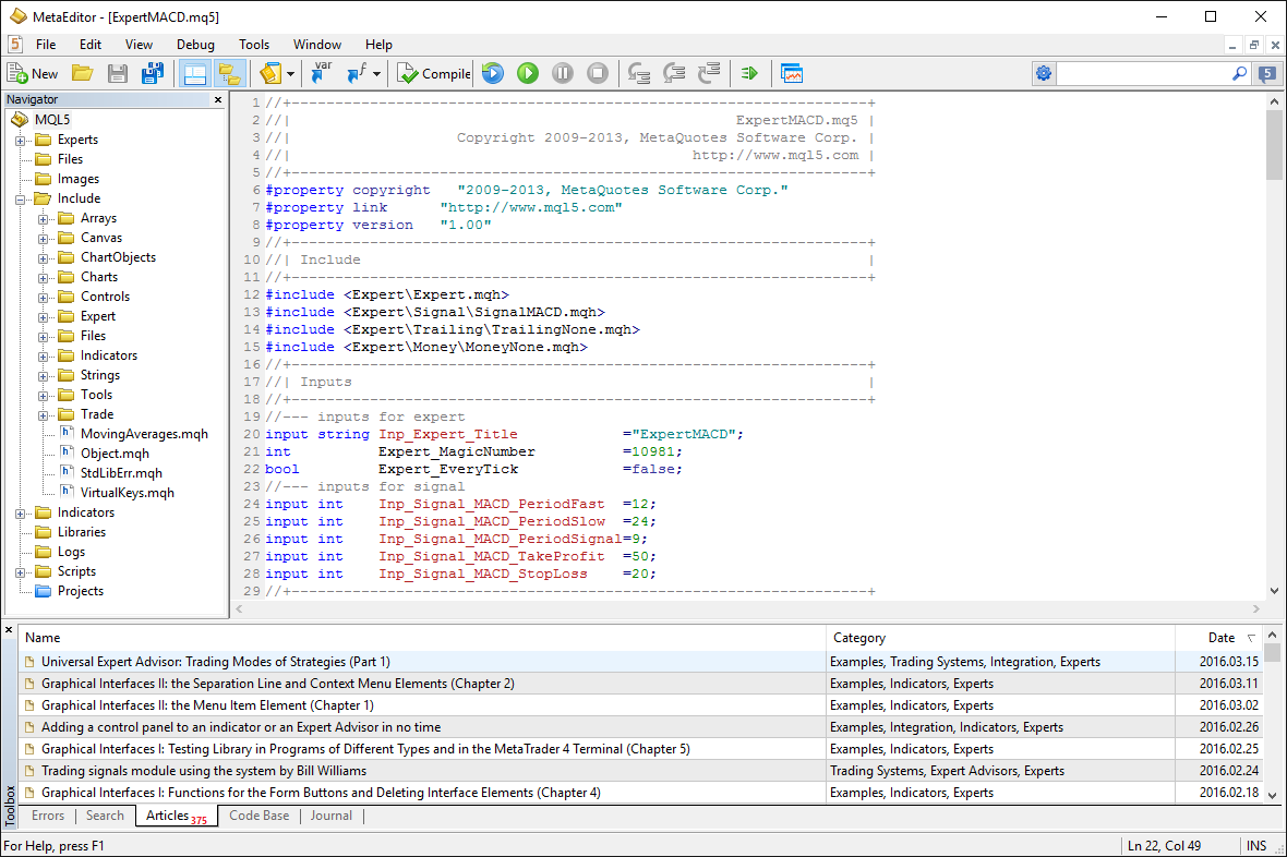 The built-in MetaEditor is a convenient development tool, using which you can create your own trading robots and indicators