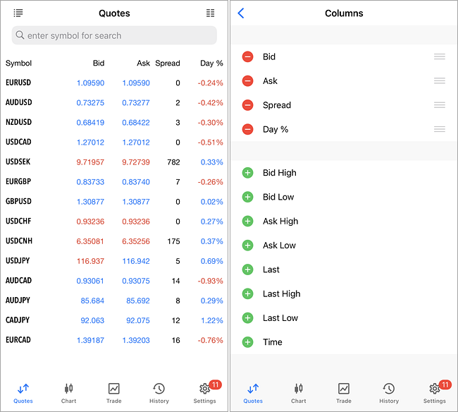 Customizing the display of columns in the Quotes section