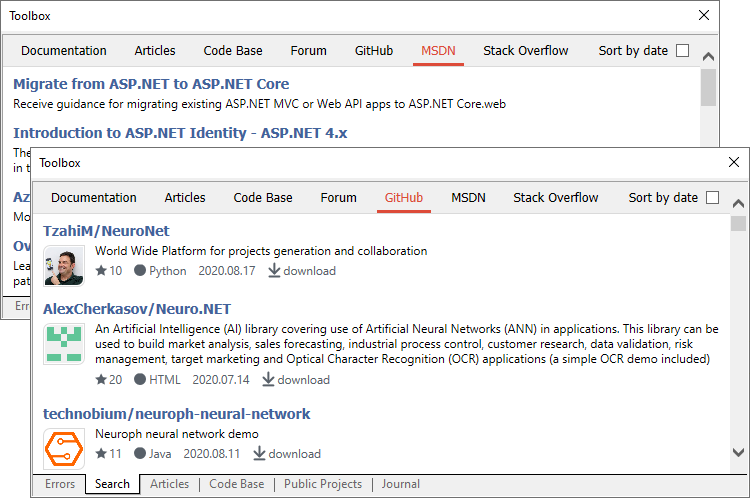 Resultados de la búsqueda en GitHub y en MSDN