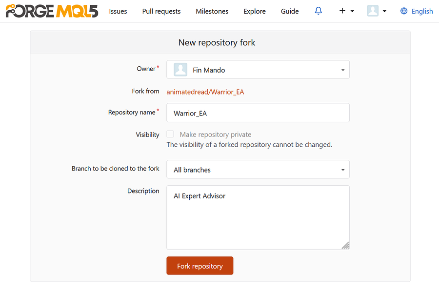 Fork options webpage Fork options webpage