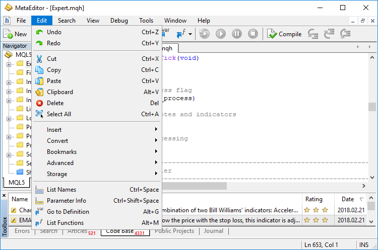 Menu principal do MetaEditor