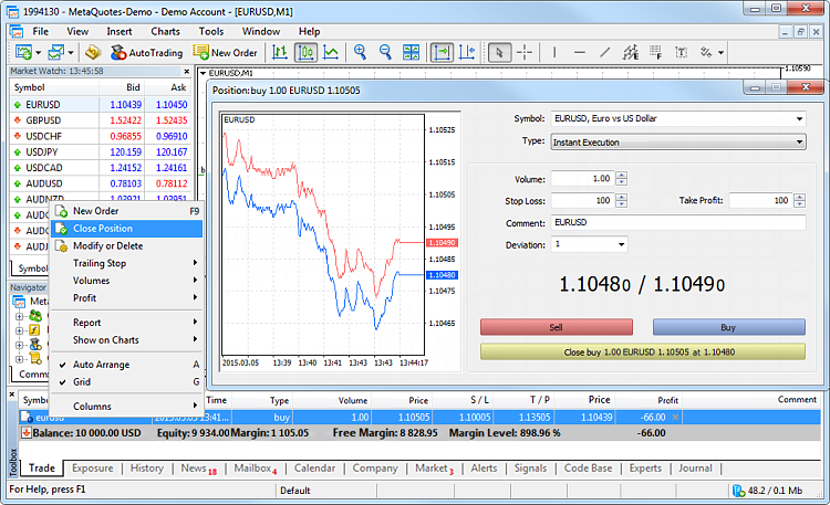 To close an entire position click Close Position in its context menu