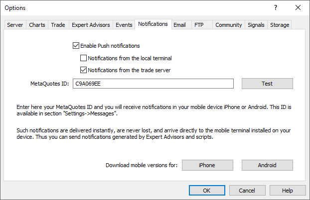 Sending of push notifications to a mobile device can be configured in the Notifications tab