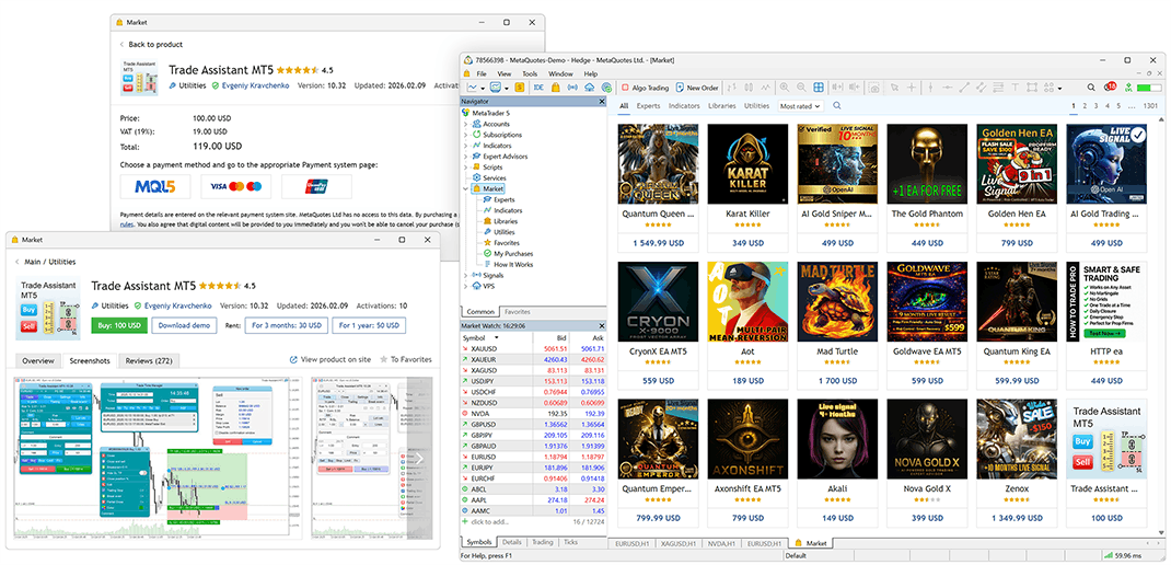 The built-in Market allows you to buy or rent thousands of MetaTrader 5 trading robots and technical indicators The built-in Market allows you to buy or rent thousands of MetaTrader 5 trading robots and technical indicators
